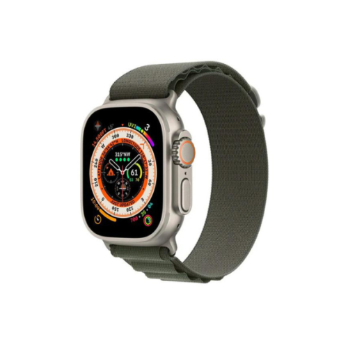 The Watch Ultra made by Apple has GPS and Cellular features. The display face is 49mm and has Titanium Case, plus a Green Alpine Loop in size small.
