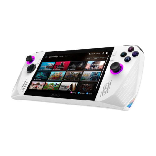 White Handheld Video Game by ASUS, called the ROG Ally, is a 7" handheld to watch high-definition videos and play video games. A portable device for on the go fun.