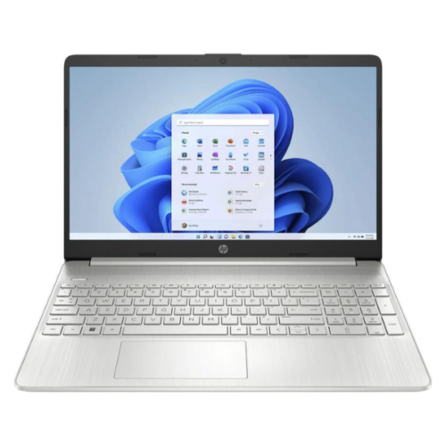 A natural silver 15.6" touch-screen laptop by HP consisting of lots of space and memory.