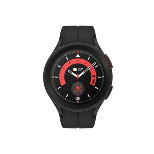 A black titanium Samsung Galaxy Watch5 Pro to connect to your smartphone or device with bluetooth with a 45mm display smart watch face.