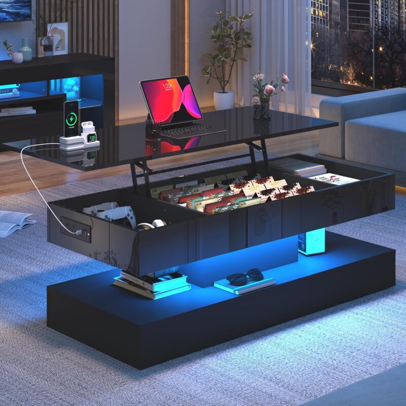 47.2" Large Lift Top Coffee Table,Modern High Glossy LED Coffee Tables for Living Room with Storage,Black Living Room Tables for Living Room,Dining Room,Bedroom Home Office,APP LED Lights